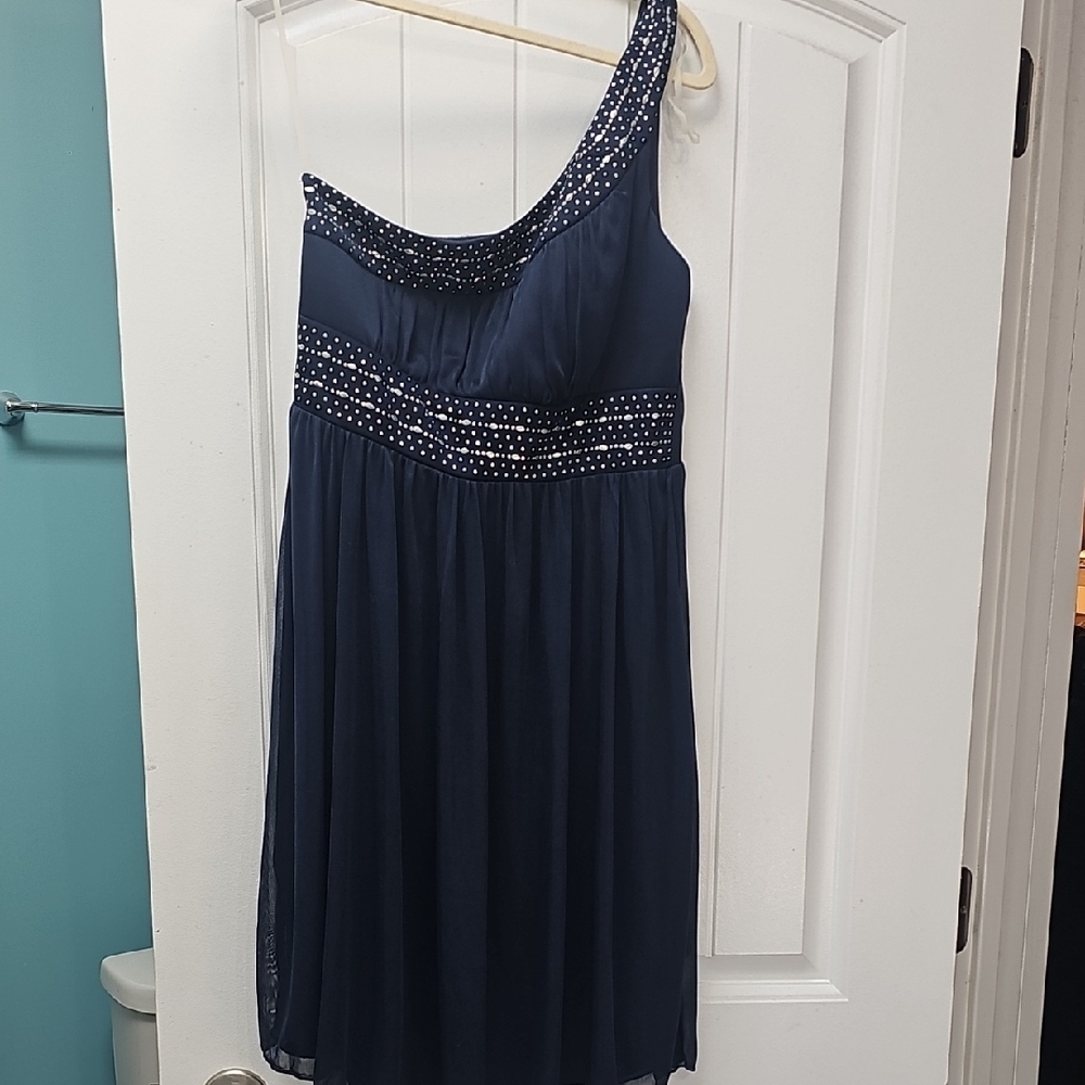 One-Shoulder Navy Dress with Beaded Detail